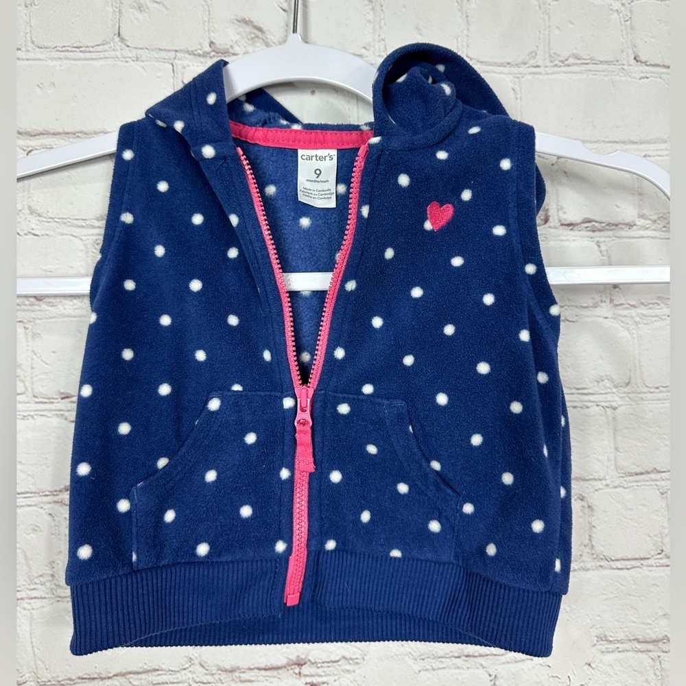 Carter's Infant Girls Fleece Vest Full Zip Up blue pokla dot, sz 9 months GUC